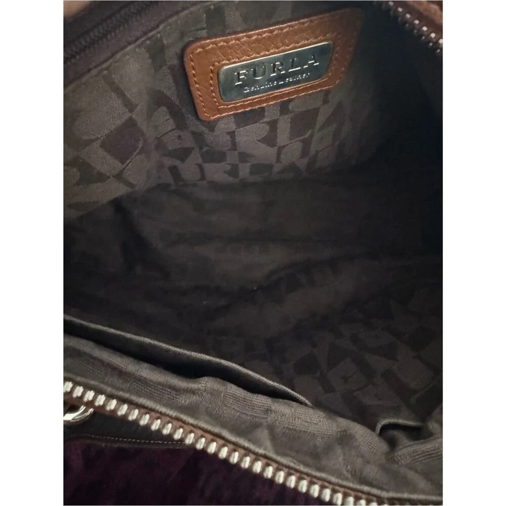 Furla Pebbled Leather Satchel Cognac Brown Black Colorblock Bowling Tote Bag Y2K